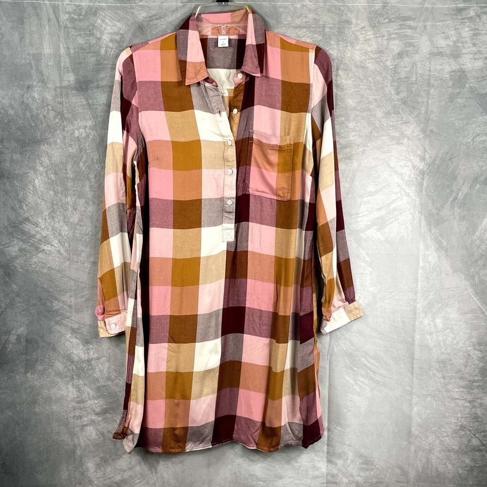 Old Navy Women's Plaid Popover Tunic SMALL Shirt Dress tunic 3/4 button down